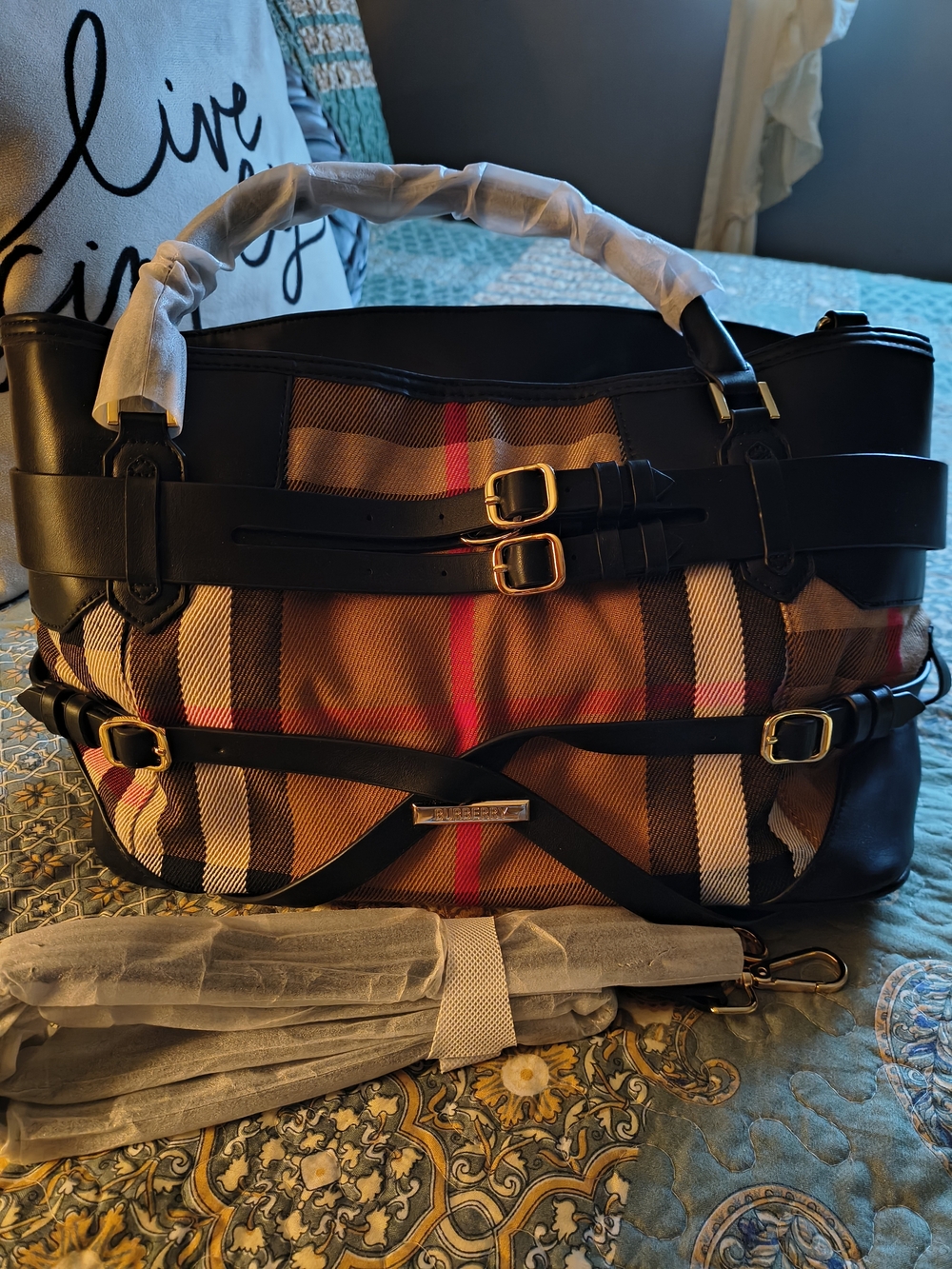 Large Plaid Canvas Tote With Black Leather Trim